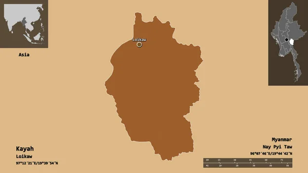 缅甸的克耶邦及其首都的形状 距离刻度 预览和标签 有规律的纹理的组成 3D渲染 — 图库照片