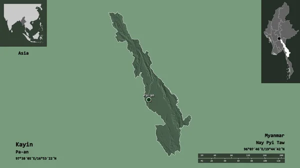Σχήμα Kayin Πολιτεία Της Μιανμάρ Και Πρωτεύουσά Της Κλίμακα Απόστασης — Φωτογραφία Αρχείου