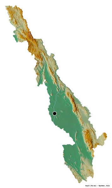 Kayin Alakja Mianmar Állam Fővárosát Fehér Háttérrel Elszigetelve Topográfiai Domborzati — Stock Fotó