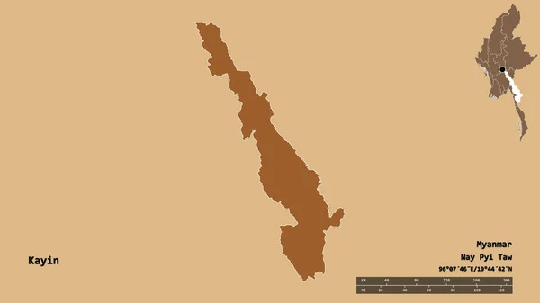 缅甸克伦邦的形状 其首都在坚实的背景下与世隔绝 距离尺度 区域预览和标签 有规律的纹理的组成 3D渲染 — 图库照片