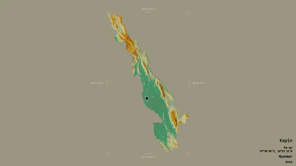ミャンマーのカイン州の地域は 洗練された境界ボックス内の強固な背景に隔離されています ラベル 地形図 3Dレンダリング — ストック写真