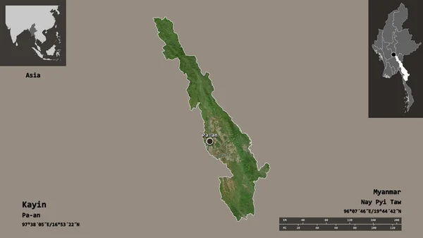 Vorm Van Kayin Staat Myanmar Hoofdstad Afstandsschaal Previews Etiketten Satellietbeelden — Stockfoto