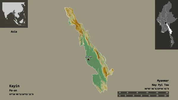 カインの形 ミャンマーの状態 およびその首都 距離スケール プレビューおよびラベル 地形図 3Dレンダリング — ストック写真
