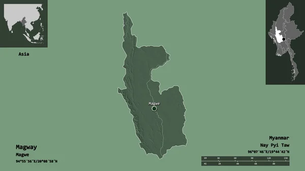 马格威的形状 缅甸的分裂 及其首都 距离刻度 预览和标签 彩色高程图 3D渲染 — 图库照片