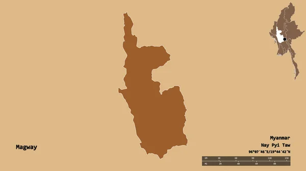 马格威形状 缅甸的分裂 其首都孤立的坚实的背景 距离尺度 区域预览和标签 有规律的纹理的组成 3D渲染 — 图库照片