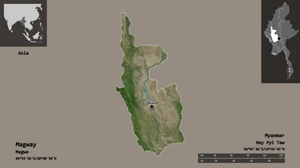 マグウェイの形 ミャンマーの分割とその首都 距離スケール プレビューおよびラベル 衛星画像 3Dレンダリング — ストック写真