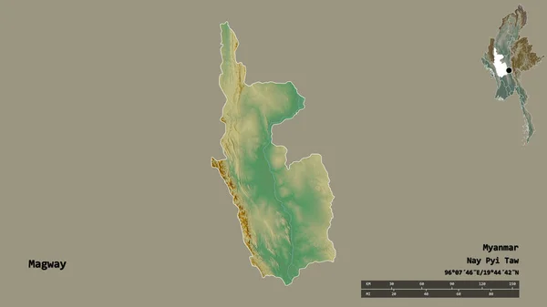 ミャンマーの一部門であるマグウェイの形は その資本がしっかりとした背景に隔離されています 距離スケール リージョンプレビュー およびラベル 地形図 3Dレンダリング — ストック写真