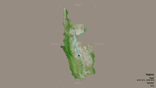 ミャンマーの分割であるマグウェイの地域は 洗練された境界ボックス内の強固な背景に隔離されています ラベル 衛星画像 3Dレンダリング — ストック写真