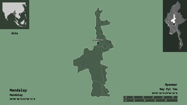 Form Mandalay Delning Myanmar Och Dess Huvudstad Avståndsskala Förhandsvisningar Och — Stockfoto
