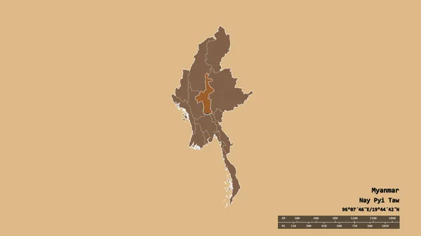 主要な地域部門と分離マンダレー地域とミャンマーの荒廃した形 ラベル 規則的にパターン化されたテクスチャの構成 3Dレンダリング — ストック写真