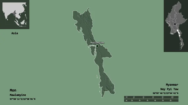 缅甸的孟邦及其首都的形状 距离刻度 预览和标签 彩色高程图 3D渲染 — 图库照片