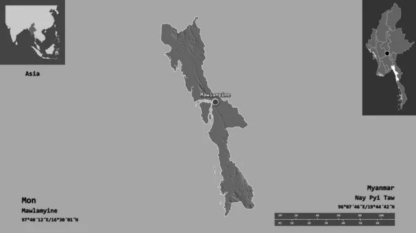 モンの形 ミャンマーの状態 およびその首都 距離スケール プレビューおよびラベル 標高マップ 3Dレンダリング — ストック写真