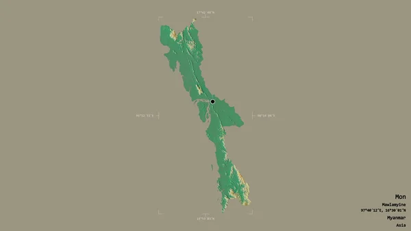 ミャンマーのモン州の地域は 洗練された境界ボックス内の強固な背景に隔離されています ラベル 地形図 3Dレンダリング — ストック写真