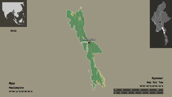 Σχήμα Mon Πολιτεία Της Μιανμάρ Και Πρωτεύουσά Της Κλίμακα Απόστασης — Φωτογραφία Αρχείου