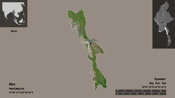 缅甸的孟邦及其首都的形状 距离刻度 预览和标签 卫星图像 3D渲染 — 图库照片