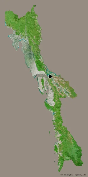 缅甸联邦孟邦的形状 其首都用纯色背景隔开 卫星图像 3D渲染 — 图库照片