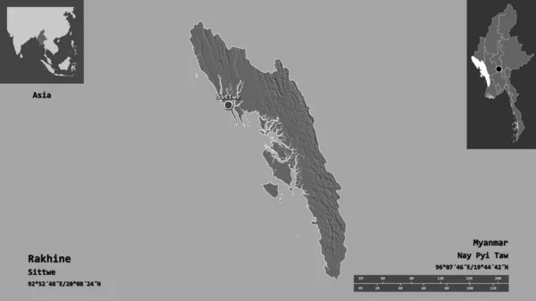 Form Rakhine Staten Myanmar Och Dess Huvudstad Avståndsskala Förhandsvisningar Och — Stockfoto