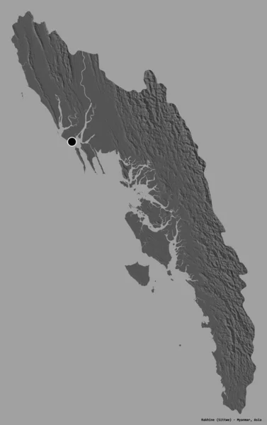 缅甸若开邦的形状 其首都用纯色背景隔开 Bilevel高程图 3D渲染 — 图库照片