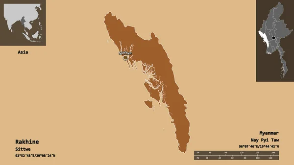 ラカイン州 ミャンマーの州 およびその首都の形 距離スケール プレビューおよびラベル 規則的にパターン化されたテクスチャの構成 3Dレンダリング — ストック写真