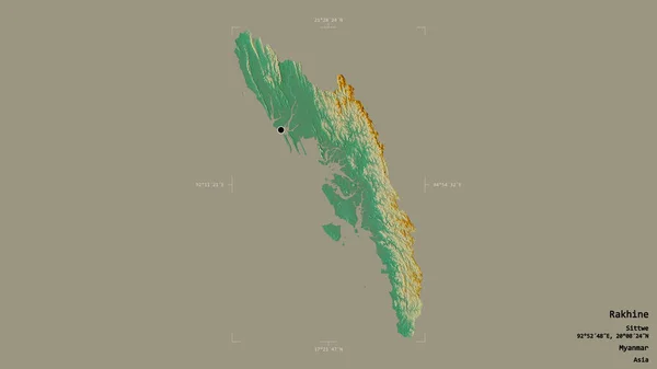 ミャンマーのラカイン州の地域は 洗練された境界ボックス内の強固な背景に隔離されています ラベル 地形図 3Dレンダリング — ストック写真