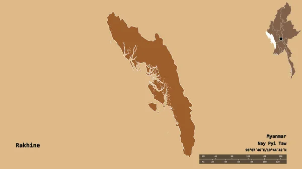 Forma Rakhine Estado Mianmar Com Sua Capital Isolada Fundo Sólido — Fotografia de Stock