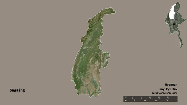 ミャンマーの分割であるサガインの形は その資本がしっかりとした背景に隔離されています 距離スケール リージョンプレビュー およびラベル 衛星画像 3Dレンダリング — ストック写真
