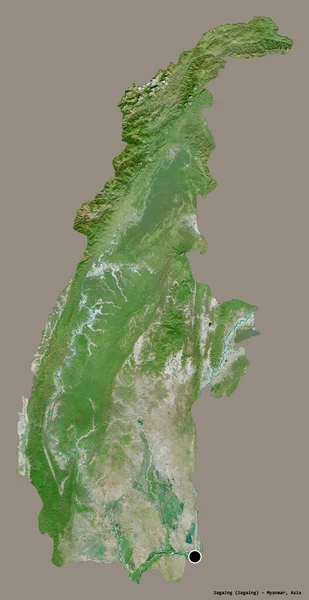 ミャンマーの分割であるサガインの形は その首都をしっかりとした色の背景に隔離しています 衛星画像 3Dレンダリング — ストック写真