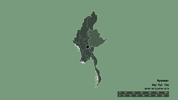 主要な地域部門と分離したシャン地域とミャンマーの荒廃した形 ラベル 色の標高マップ 3Dレンダリング — ストック写真