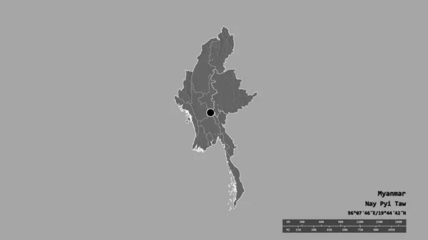 主要な地域部門と分離したシャン地域とミャンマーの荒廃した形 ラベル 標高マップ 3Dレンダリング — ストック写真