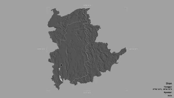 位于缅甸州掸邦的一个地区 在一个地理参考方块中 背景坚实 与世隔绝 Bilevel高程图 3D渲染 — 图库照片