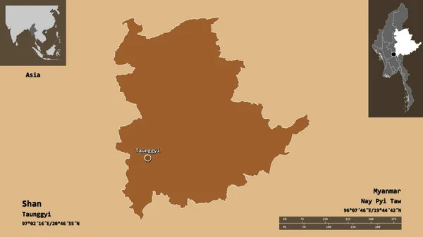 Form Shan Staten Myanmar Och Dess Huvudstad Avståndsskala Förhandsvisningar Och — Stockfoto