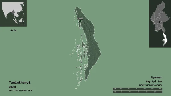 タンニターリの形 ミャンマーの分割とその首都 距離スケール プレビューおよびラベル 色の標高マップ 3Dレンダリング — ストック写真