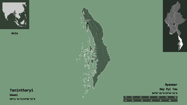 Forma Tanintharyi Divisione Del Myanmar Sua Capitale Scala Distanza Anteprime — Foto Stock