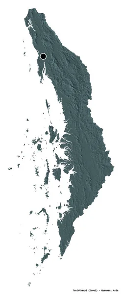 缅甸分裂的Tanintharyi的形状 其首都因白色背景而孤立 彩色高程图 3D渲染 — 图库照片