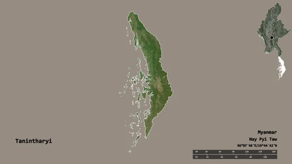 ミャンマーの分割であるタンニターリの形は その資本がしっかりとした背景に隔離されています 距離スケール リージョンプレビュー およびラベル 衛星画像 3Dレンダリング — ストック写真
