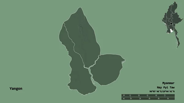 仰光的形状 缅甸的分裂 其首都孤立的坚实的背景 距离尺度 区域预览和标签 彩色高程图 3D渲染 — 图库照片