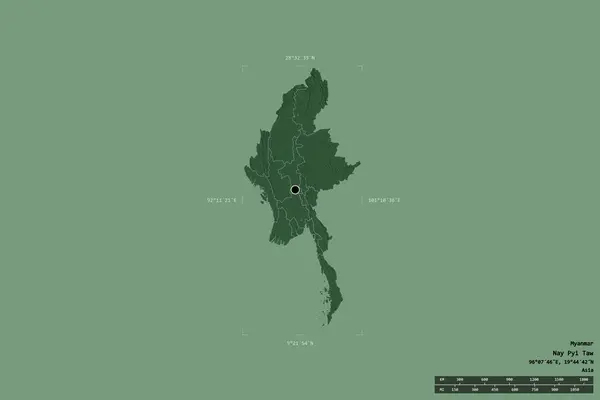 ミャンマーの地域は 洗練された境界線の箱の中でしっかりとした背景に隔離されました 主な地域部門 距離スケール ラベル 色の標高マップ 3Dレンダリング — ストック写真