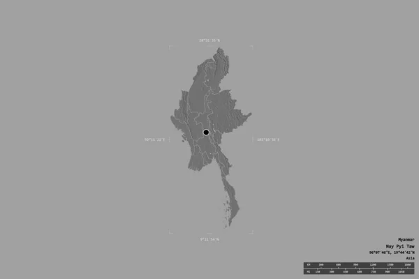 Area of Myanmar isolated on a solid background in a georeferenced bounding box. Main regional division, distance scale, labels. Bilevel elevation map. 3D rendering