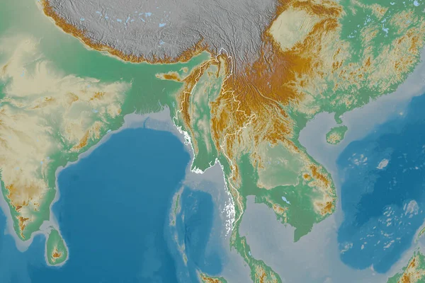 Área Alargada Myanmar Delineada Mapa Topográfico Relevo Renderização — Fotografia de Stock