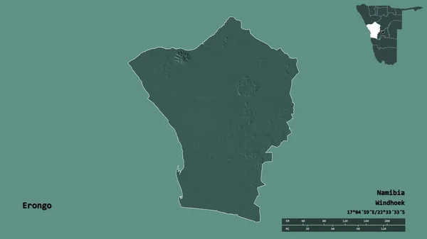 ナミビアの領域であるエロンゴの形で その首都はしっかりとした背景に隔離されています 距離スケール リージョンプレビュー およびラベル 色の標高マップ 3Dレンダリング — ストック写真
