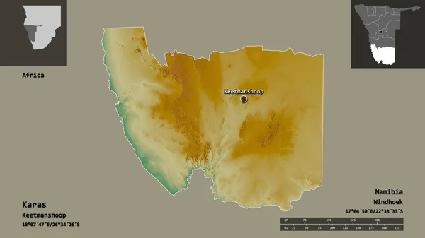 カラスの形 ナミビアの地域 その首都 距離スケール プレビューおよびラベル 地形図 3Dレンダリング — ストック写真