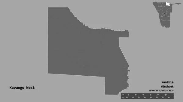 ナミビア地方のカバンゴ ウェストの形で その首都はしっかりとした背景に隔離されています 距離スケール リージョンプレビュー およびラベル 標高マップ 3Dレンダリング — ストック写真