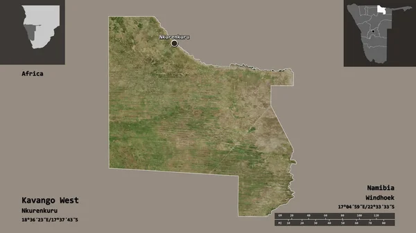 カバンゴ西 ナミビアの地域 およびその首都の形 距離スケール プレビューおよびラベル 衛星画像 3Dレンダリング — ストック写真