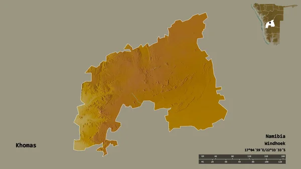 ナミビアの地域であるコマスの形で その首都はしっかりとした背景に隔離されています 距離スケール リージョンプレビュー およびラベル 地形図 3Dレンダリング — ストック写真
