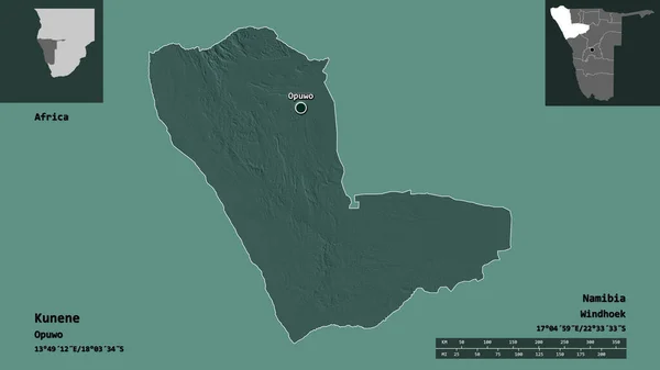 クネネの形 ナミビアの地域 距離スケール プレビューおよびラベル 色の標高マップ 3Dレンダリング — ストック写真