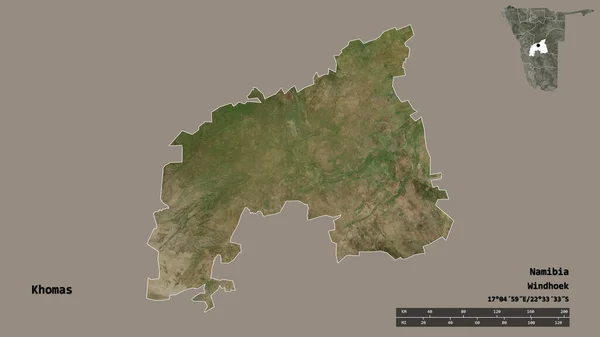 ナミビアの地域であるコマスの形で その首都はしっかりとした背景に隔離されています 距離スケール リージョンプレビュー およびラベル 衛星画像 3Dレンダリング — ストック写真