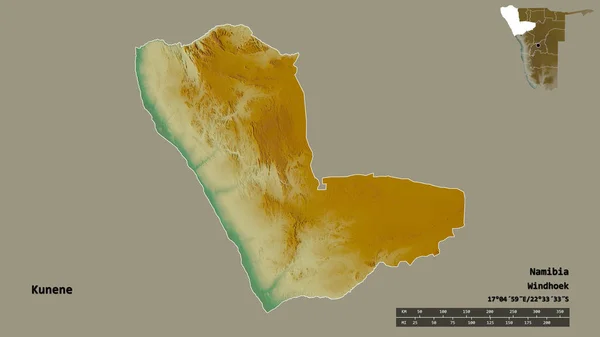 ナミビア地方のクネネの形で その首都はしっかりとした背景に隔離されています 距離スケール リージョンプレビュー およびラベル 地形図 3Dレンダリング — ストック写真