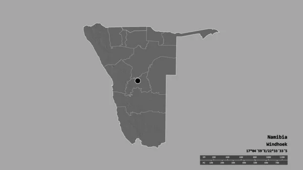 以首都 主要区域分部和独立的Ohangwena地区为首都的纳米比亚的绝望状态 Bilevel高程图 3D渲染 — 图库照片