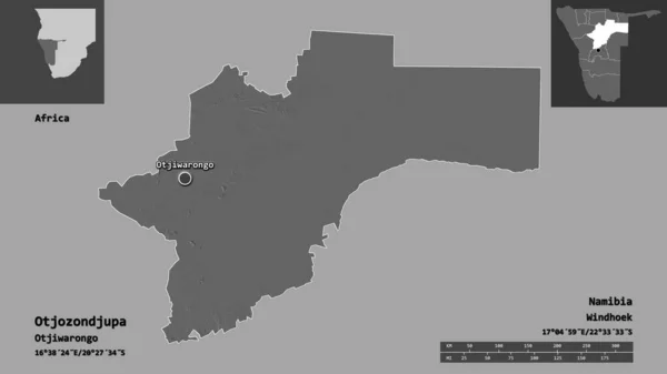 Otjozondjupaの形 ナミビアの地域 そしてその首都 距離スケール プレビューおよびラベル 標高マップ 3Dレンダリング — ストック写真