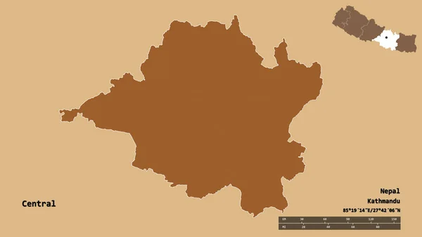 尼泊尔中部的形状 发展区 其首都孤立在坚实的背景上 距离尺度 区域预览和标签 有规律的纹理的组成 3D渲染 — 图库照片